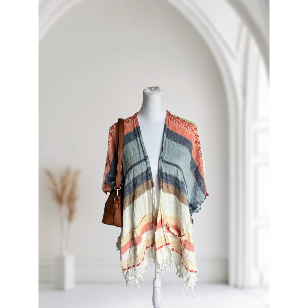 Echo Stripe Fringe Poncho Wrap Kimono One Size Boho Layering Topper